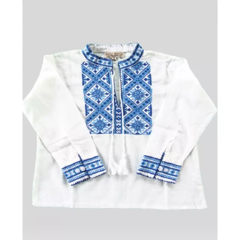 Camasa Tip Ie Traditionala de Baieti Alba cu Motiv Geometric Albastru - ITB12