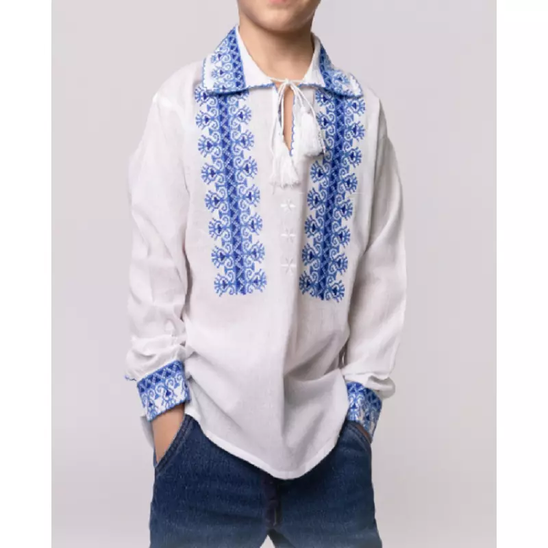 Camasa Tip Ie Traditionala de Baieti Alba cu Motiv Geometric Albastru - ITB21