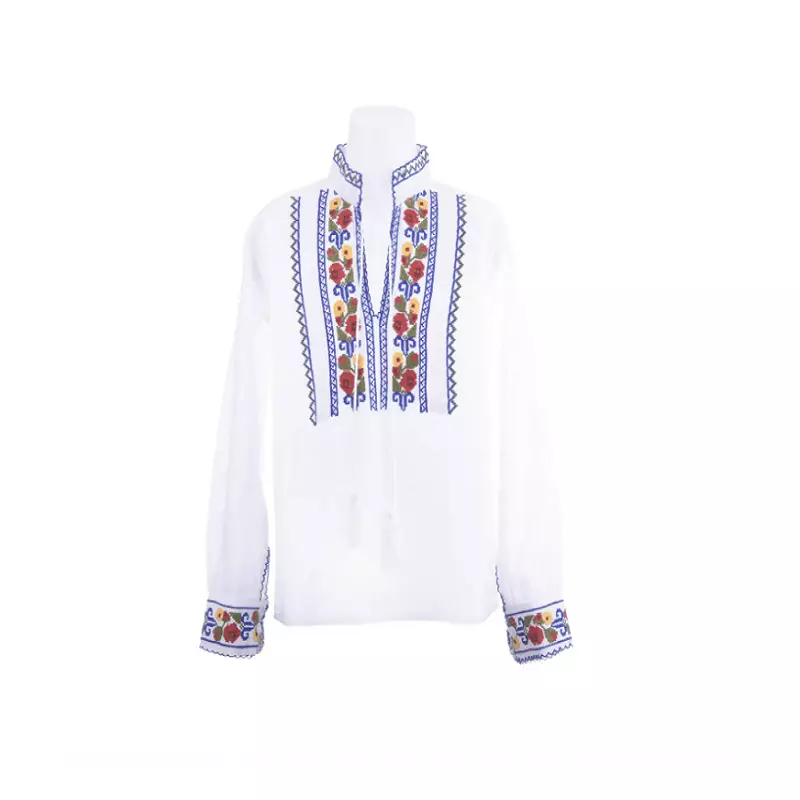 Camasa Tip Ie Traditionala de Baieti Alba cu Motiv Floral Multicolor -  ITB22