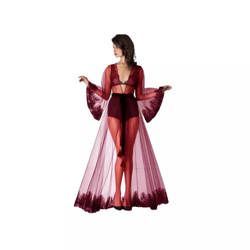 Halat de Dama din Voal si Broderie, Semi-Transparent, cu Cordon in Talie, Bordo - MEI154