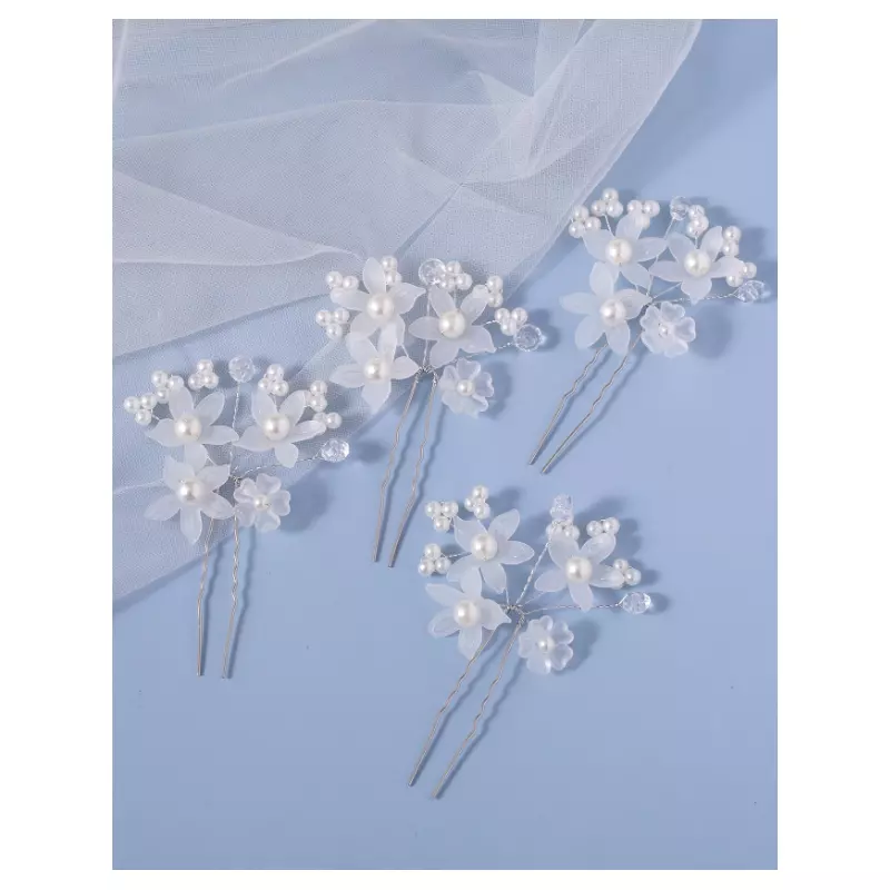 Ace Par Mireasa, Model cu flori albe si perle 9.5 x 6 cm, Argintii - 4 buc