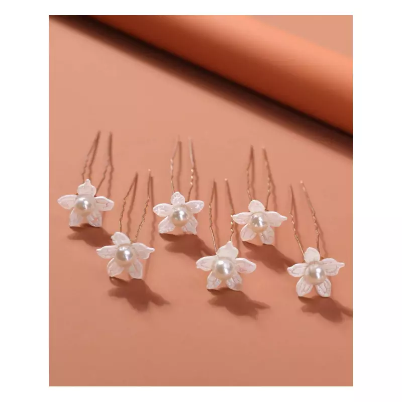 Ace Par Mireasa, Model cu flori albe si perle 7 x 2 cm, Aurii - 6buc