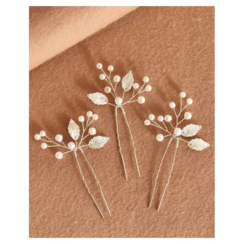 Ace Par Mireasa, Model cu frunze si perle 5.5 x 10 cm, Argintii - 3buc
