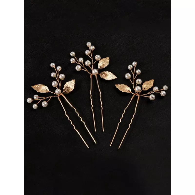 Ace Par Mireasa, Model cu frunze si perle 10x5,5cm, Aurii , 3buc - 00937