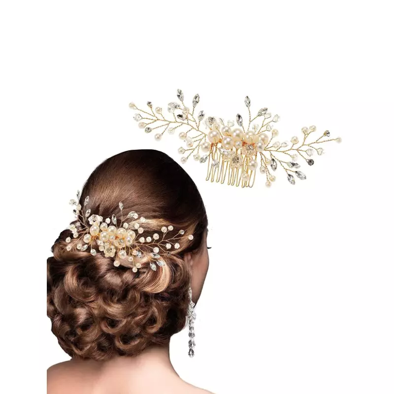 Accesoriu de Par Mireasa cu Strasuri si Perle 16,x6,5cm, Aurie - 30933