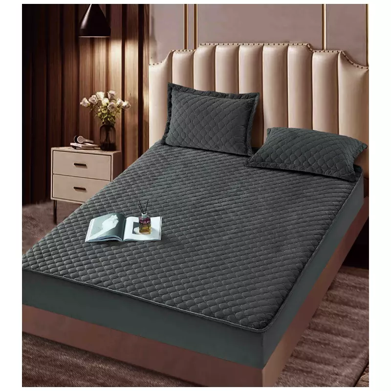 Husa de Saltea Tip Topper cu Elastic + 2 Fete de Perna Catifea, Gri Inchis 160x200 - JO994