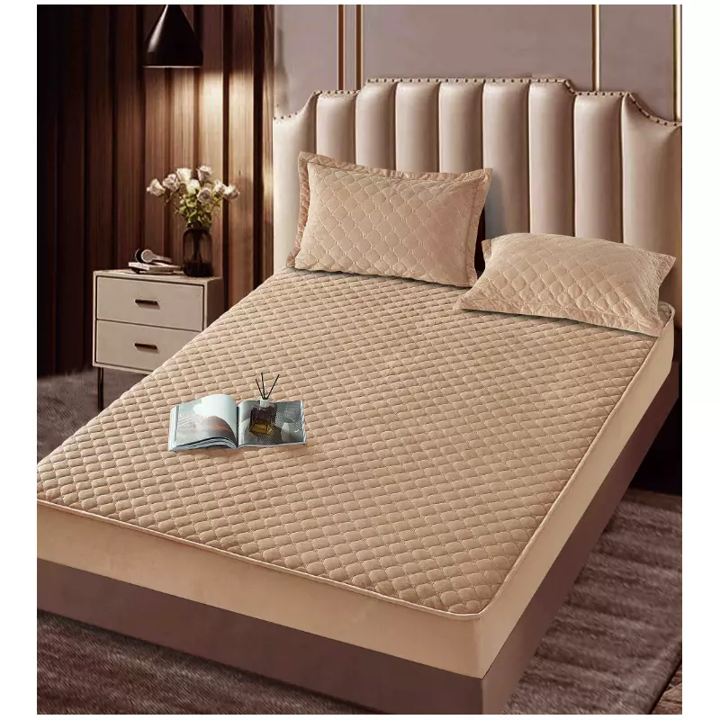 Husa de Saltea Tip Topper cu Elastic + 2 Fete de Perna Catifea, Bej 160x200 - JO995