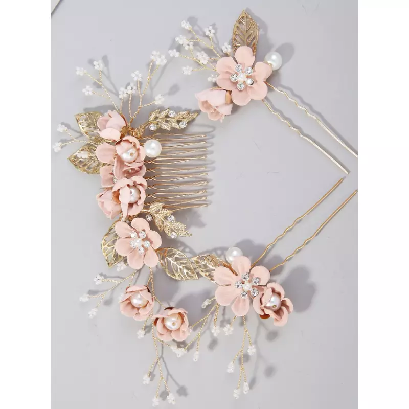 Accesorii de Par cu Perle si Strasuri, Pieptene & Agrafe 8-14cm Roz-Auriu,  - 24982