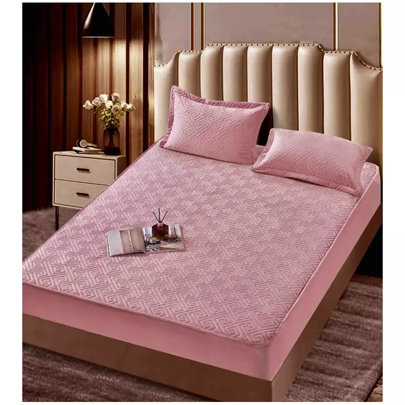 Husa de Saltea Tip Topper cu Elastic + 2 Fete de Perna Catifea, Roz Pudra 160x200cm -  JO998