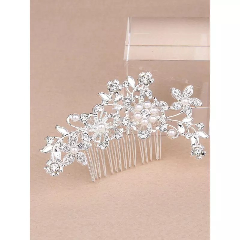 Accesoriu de Par Mireasa cu Strasuri si Perle 11x8cm, Argintie - 22783