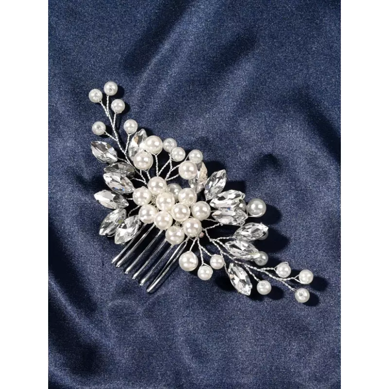 Accesoriu de Par Mireasa cu Strasuri si Perle 12,5x6cm, Argintie - 05566