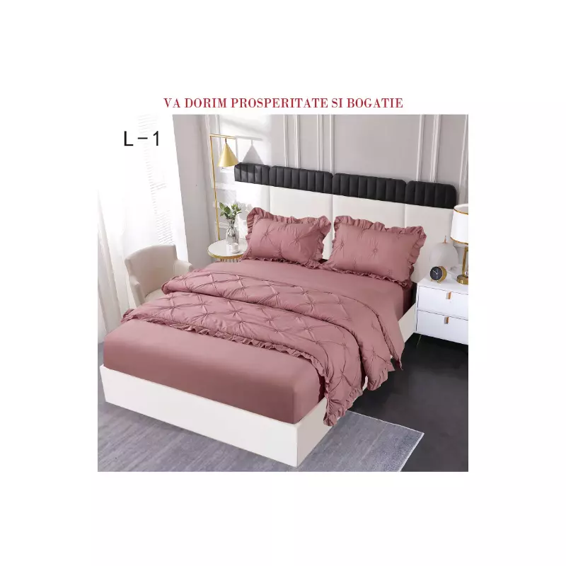Lenjerie de Pat Finet, Pliuri Brodate cu Elastic, 4piese,  Roz Inchis  - PUC121
