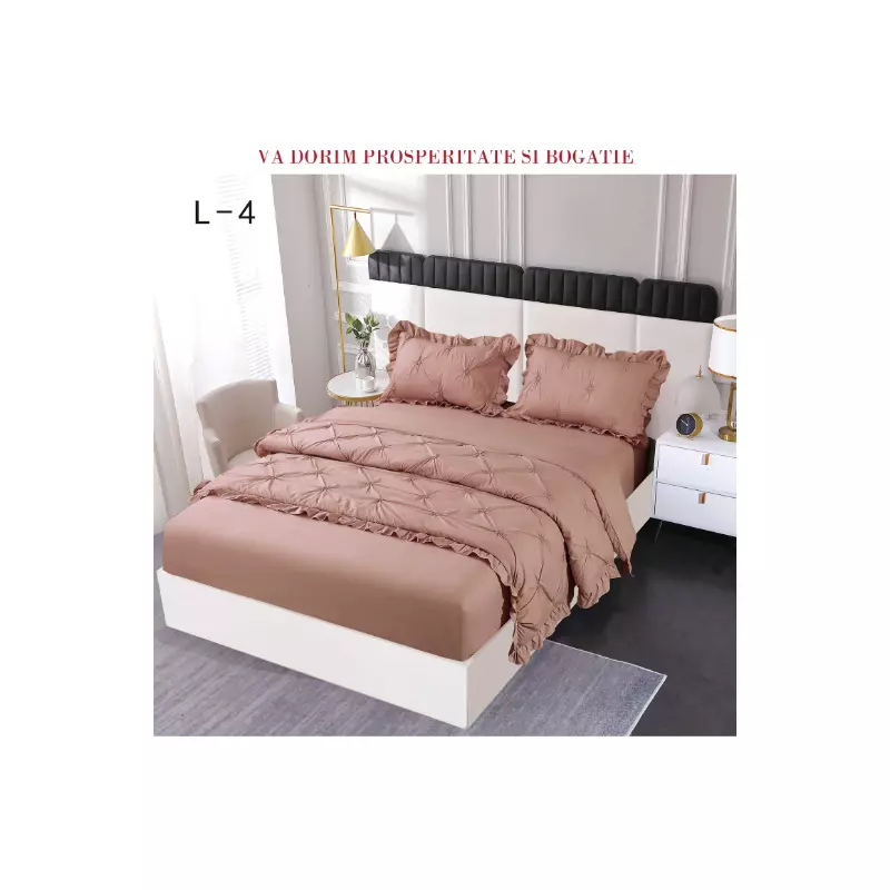 Lenjerie de Pat Finet, Pliuri Brodate cu Elastic, 4piese,  Capuccino Inchis  - PUC124