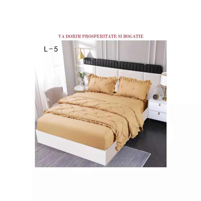 Lenjerie de Pat Finet, Pliuri Brodate cu Elastic, 4piese,  Galben Inchis  - PUC125
