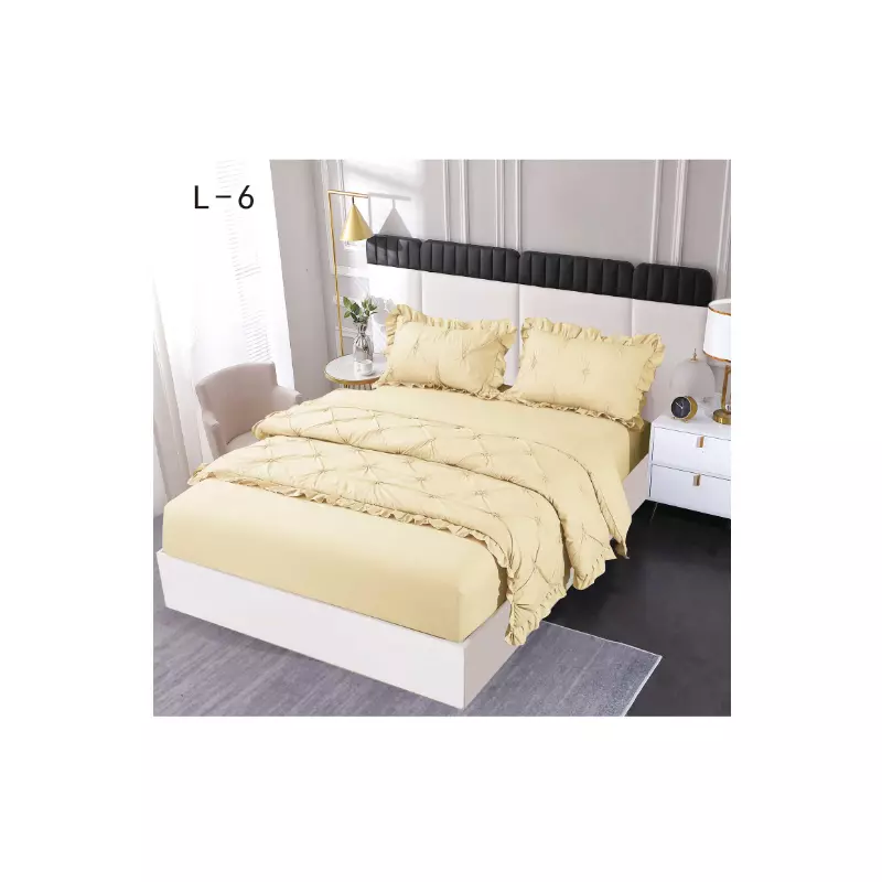 Lenjerie de Pat Finet, Pliuri Brodate cu Elastic, 4piese,  Galben - PUC126