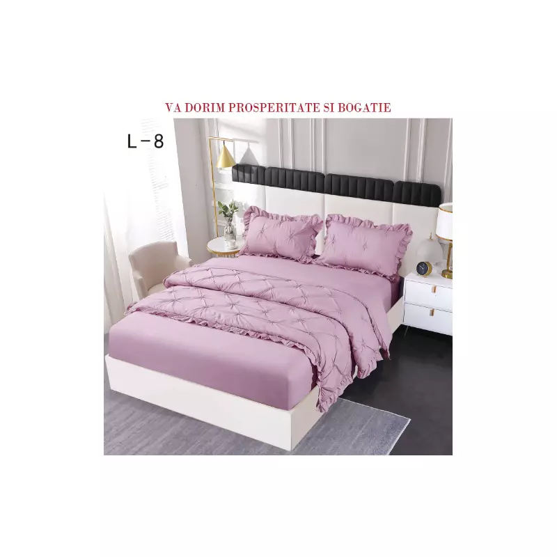 Lenjerie de Pat Finet, Pliuri Brodate cu Elastic, 4piese,  Lila - PUC128