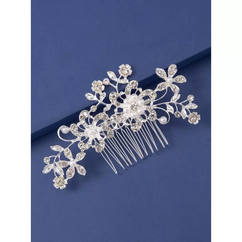 Accesoriu de Par cu Strasuri si Perle 11x6cm, Argintie - 98729
