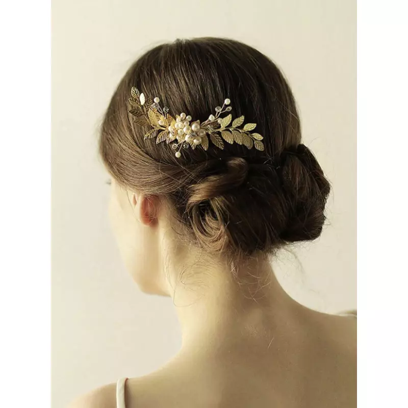 Accesoriu de Par Mireasa cu Perle si Strasuri, Aurie 9.5-15 cm