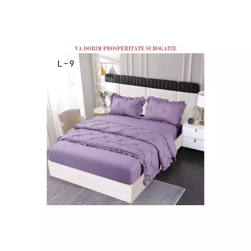 Lenjerie de Pat Finet, Pliuri Brodate cu Elastic, 4piese,  Mov - PUC129