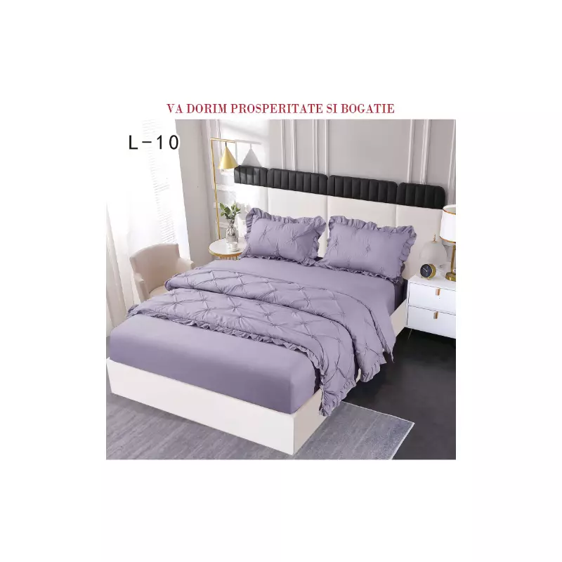 Lenjerie de Pat Finet, Pliuri Brodate cu Elastic, 4piese,  Mov Pastel - PUC130