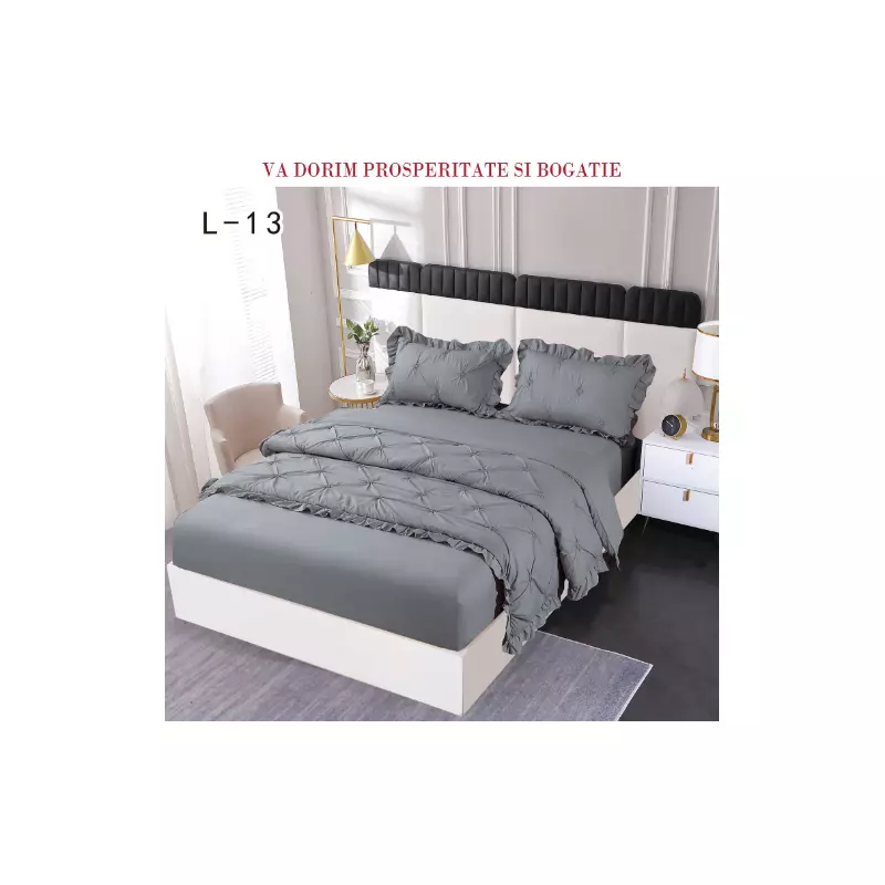Lenjerie de Pat Finet, Pliuri Brodate cu Elastic, 4piese,  Gri - PUC132