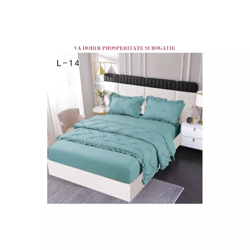 Lenjerie de Lux cu Volanase, 4 Piese, cu Elastic Pentru Pat Dublu, Turcoaz - PUC133
