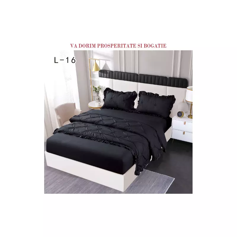 Lenjerie de Pat Finet, Pliuri Brodate cu Elastic, 4piese,  Negru - PUC135