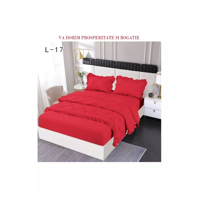Lenjerie de Pat Finet, Pliuri Brodate cu Elastic, 4piese,  Rosu - PUC136