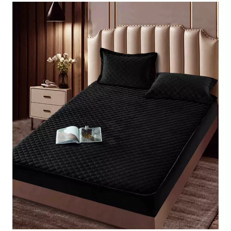 Husa de Saltea Tip Topper cu Elastic + 2 Fete de Perna Catifea, Negru 160x200 - JO990