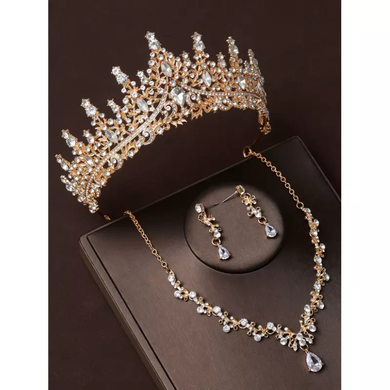 Set Diadema (Coronita) Mireasa, Model Regal cu Pietre si Strasuri, Colier si Cercei, Auriu- 67173