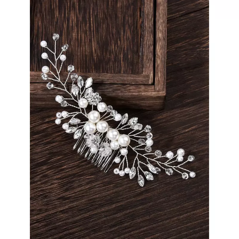 Accesoriu de Par Mireasa cu Perle si Strasuri, Argintie 16x6,5cm - 63366