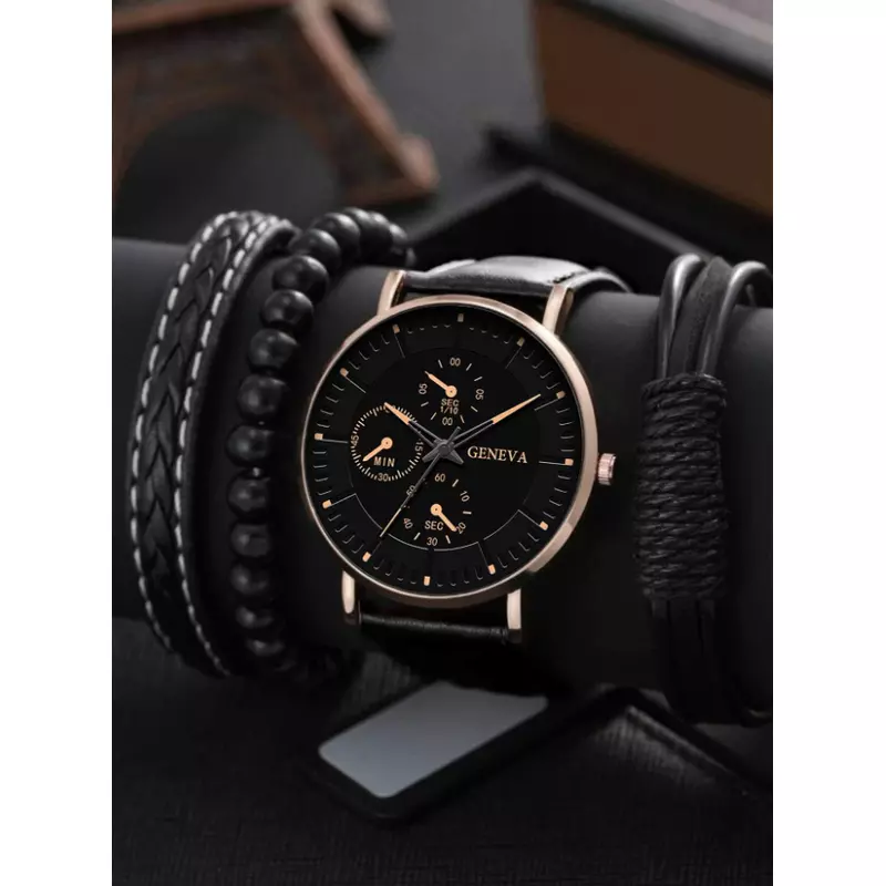 Set pentru Barbati Ceas si 3 Bratari, Negru- 43578