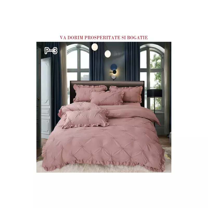 Lenjerie de Lux cu Pliuri si Volan, 6 Piese pentru Pat Dublu - PUC138