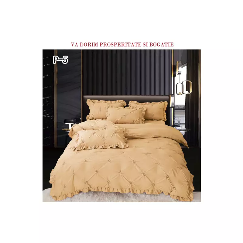 Lenjerie de Lux cu Pliuri si Volan, 6 Piese pentru Pat Dublu - PUC140