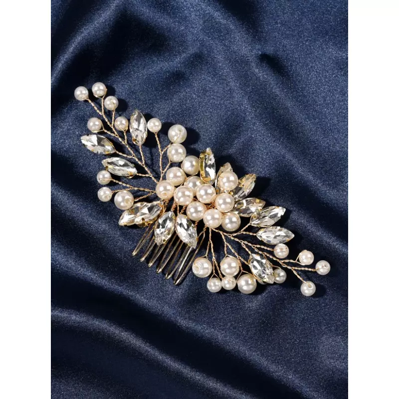 Accesoriu de Par Mireasa cu Perle si Strasuri, Aurie 12,5x6cm - 22968