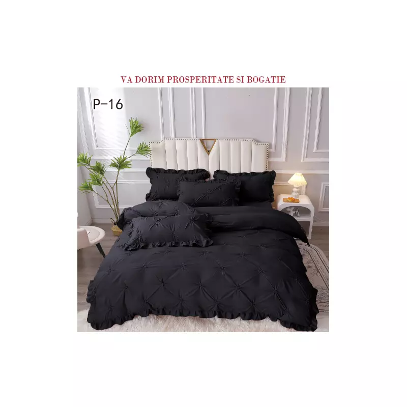 Lenjerie de Lux cu Pliuri si Volan, 6 Piese pentru Pat Dublu - PUC150