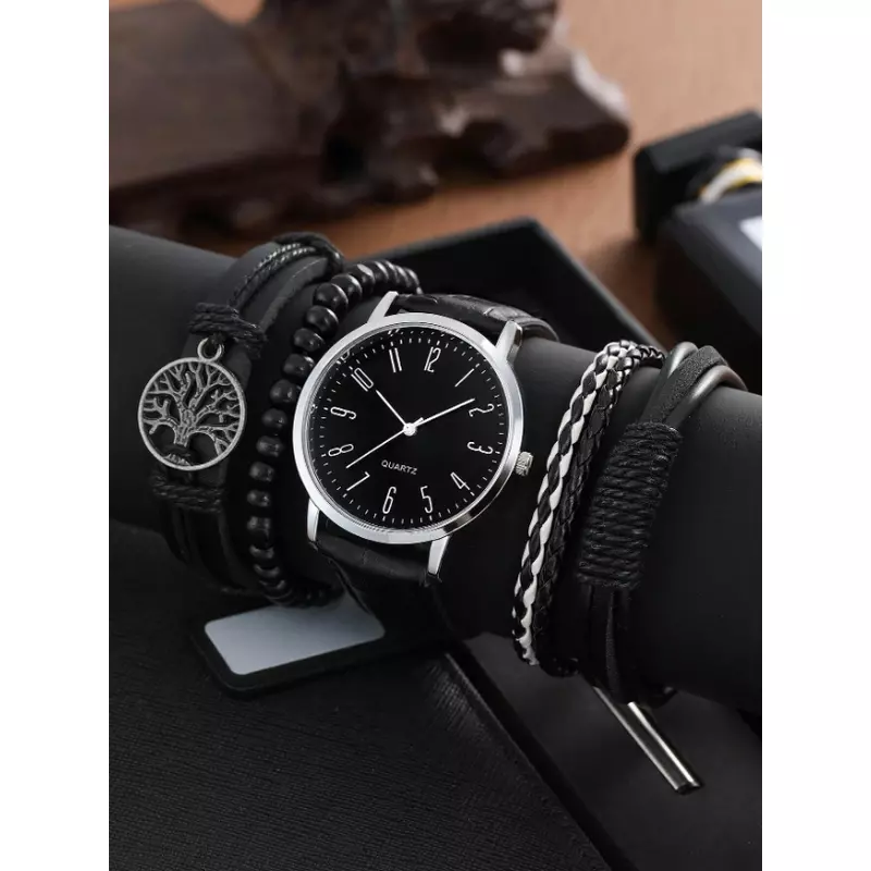 Set pentru Barbati 5 Piese, Ceas si 4 Bratari, Negru - 12699