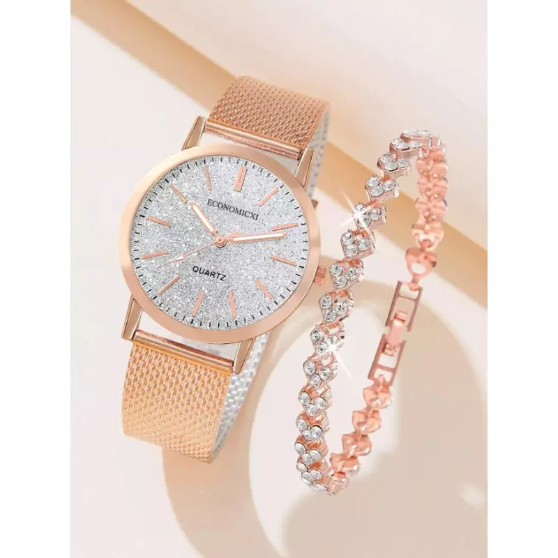 Set Pentru Femei, Ceas si Bratara, Roz Gold - 12708