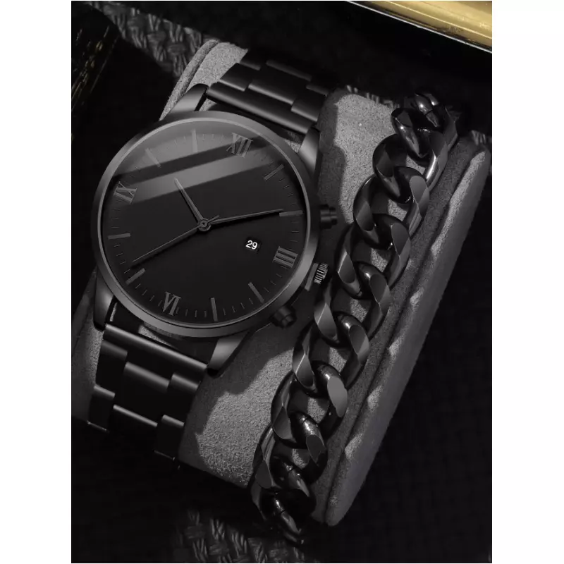 Set Pentru Barbati, Ceas si Bratara, Negru - 37631
