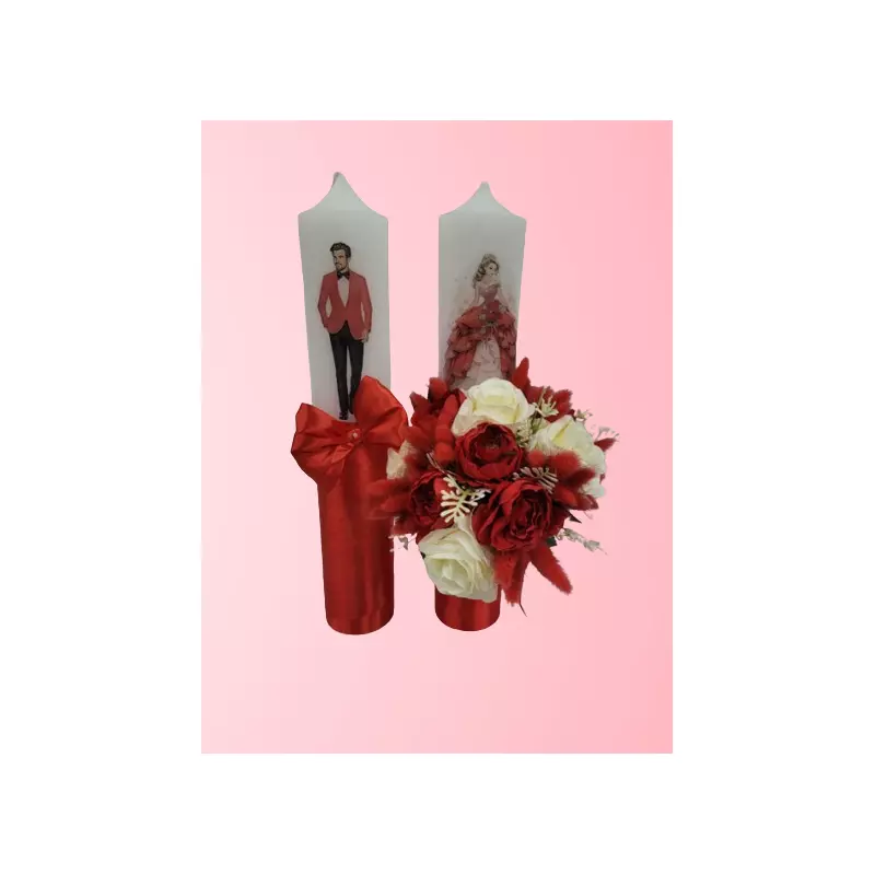 Set 2 Lumanari pentru Nunta cu Flori Artificiale, Red Imperial - LN23
