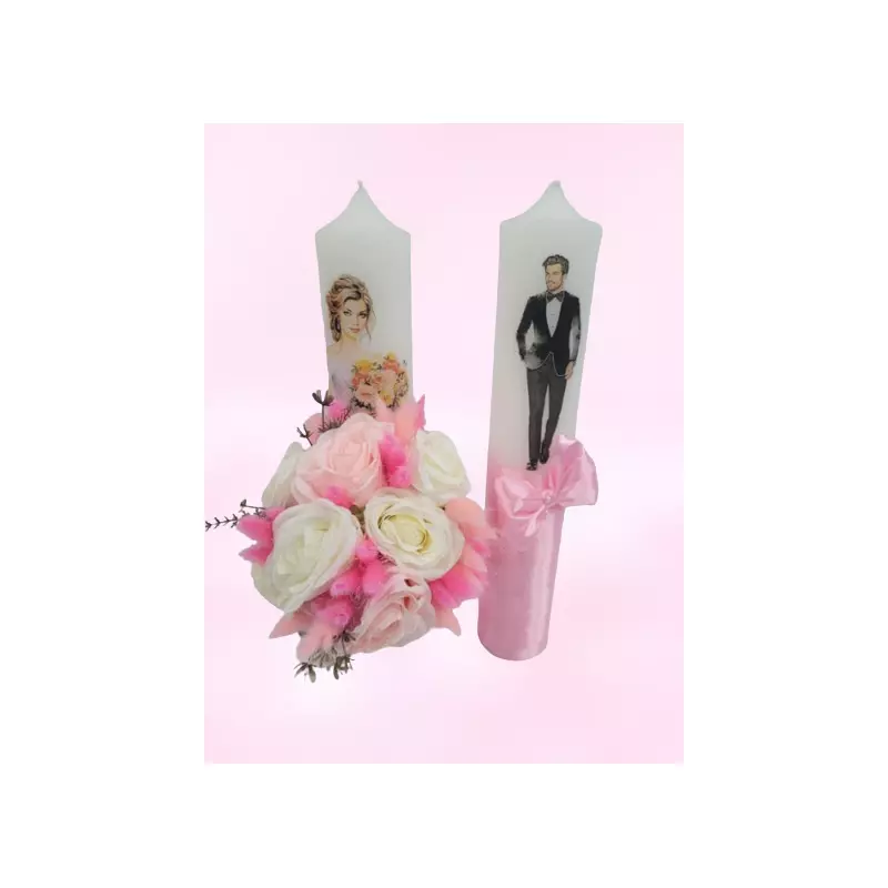 Set 2 Lumanari pentru Nunta cu Flori Artificiale, Light Pink Imperial - LN21