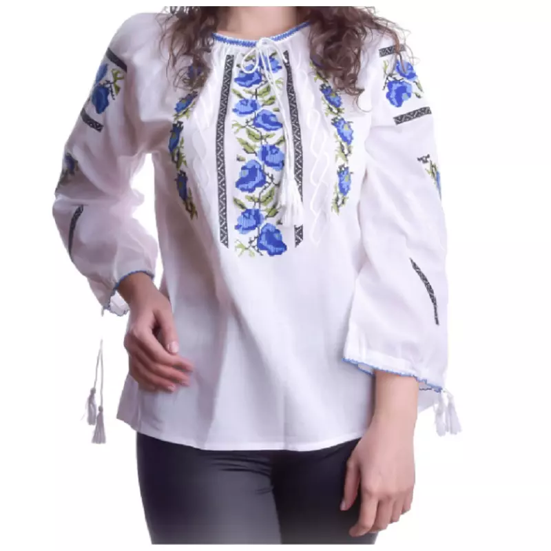 Bluza Tip Ie Alba cu Motiv Floral Albastru - BMG40