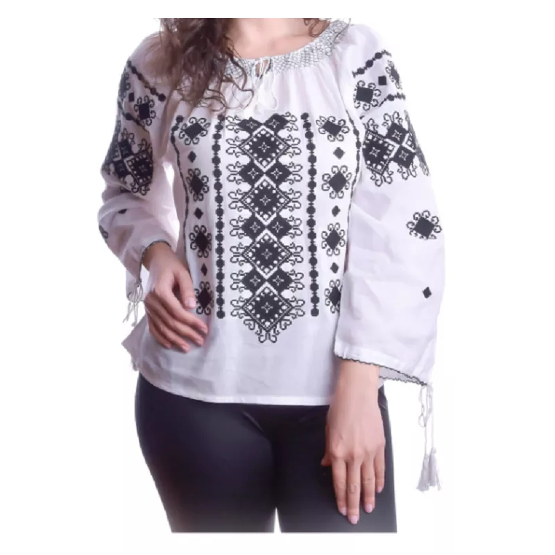 Bluza Tip Ie Alba cu Motiv Floral Negru - BMG35