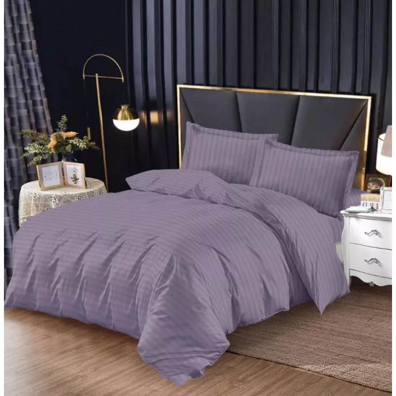 Lenjerie de Pat Damasc, 1 Persoana, 4 Piese cu Elastic, Lavanda Inchis - SIPRg-08