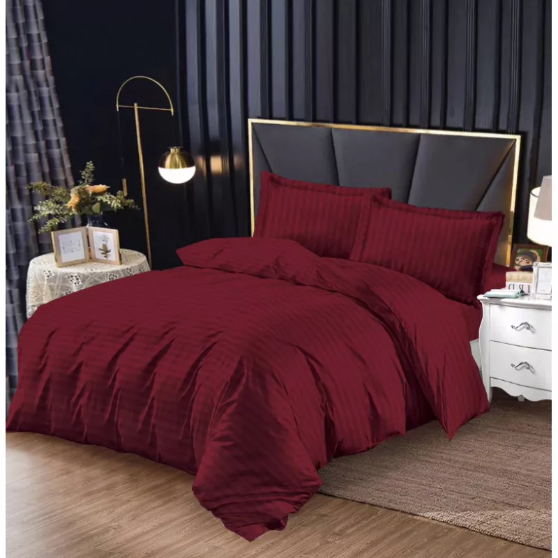 Lenjerie de Pat Damasc, 1 Persoana, 4 Piese cu Elastic, Bordo - SIPRg-02