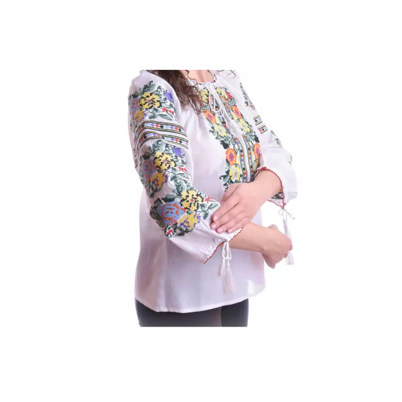 Bluza Tip Ie Alba cu Motiv Floral Multicolor - BMG38