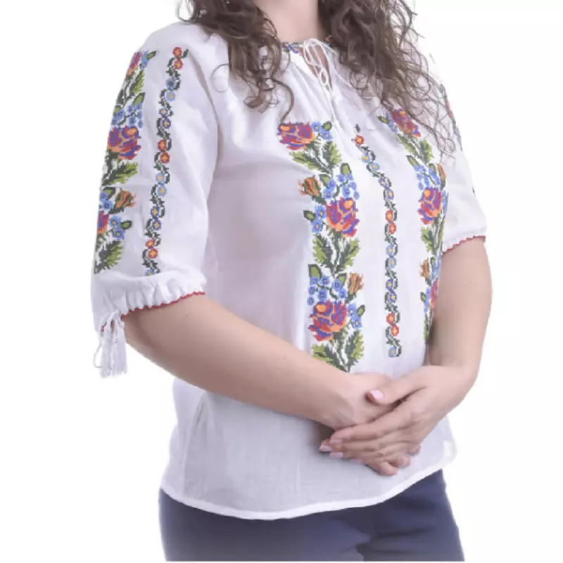 Bluza Tip Ie Traditionala Alba cu Motiv Floral Mov de Dama - IMS50