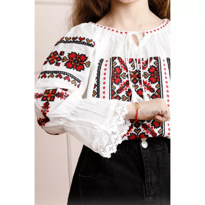 Ie Traditionala Alba pentru Fetite cu Motiv Floral Rosu - ITF13