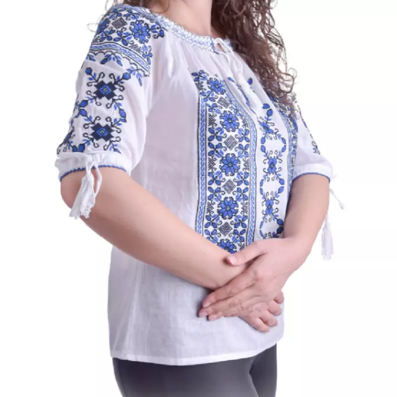 Bluza Tip Ie Traditionala Alba cu Motiv Floral Albastru de Dama - IMS48