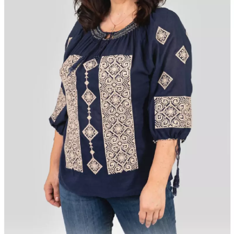 Bluza Tip Ie Traditionala Bleumarin cu Motiv Geometric Crem de Dama - IMS31